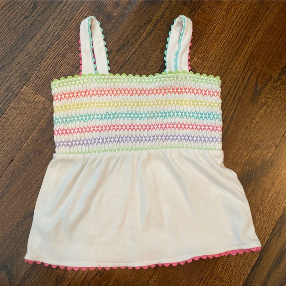 Gymboree- cotton Smocked White Tank Top Pastel Rainbow Stripe Accents girls 5T